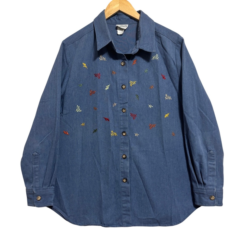 Vtg BonWorth Button Up Shirt Blue Embroidered Leaf Fall Cottage Grandma XL